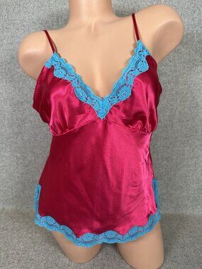 Vintage Tommy Jeans‎ Large Womens Top Camisole Lace Y2K Pink Blue V-Neck Fairy
